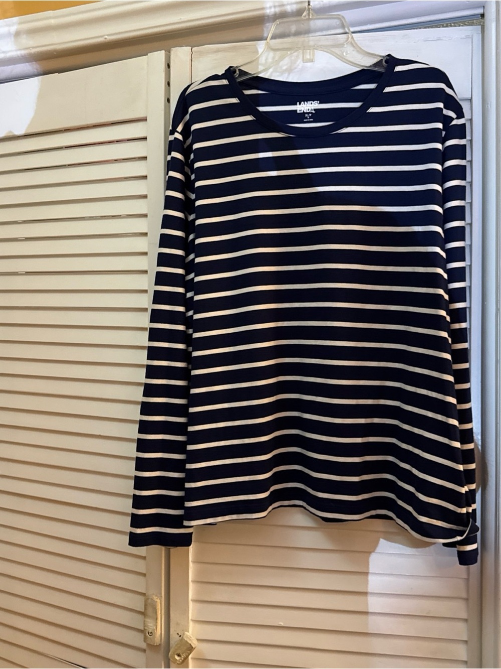 Lands' End Navy and White Striped Long-Sleeve Top